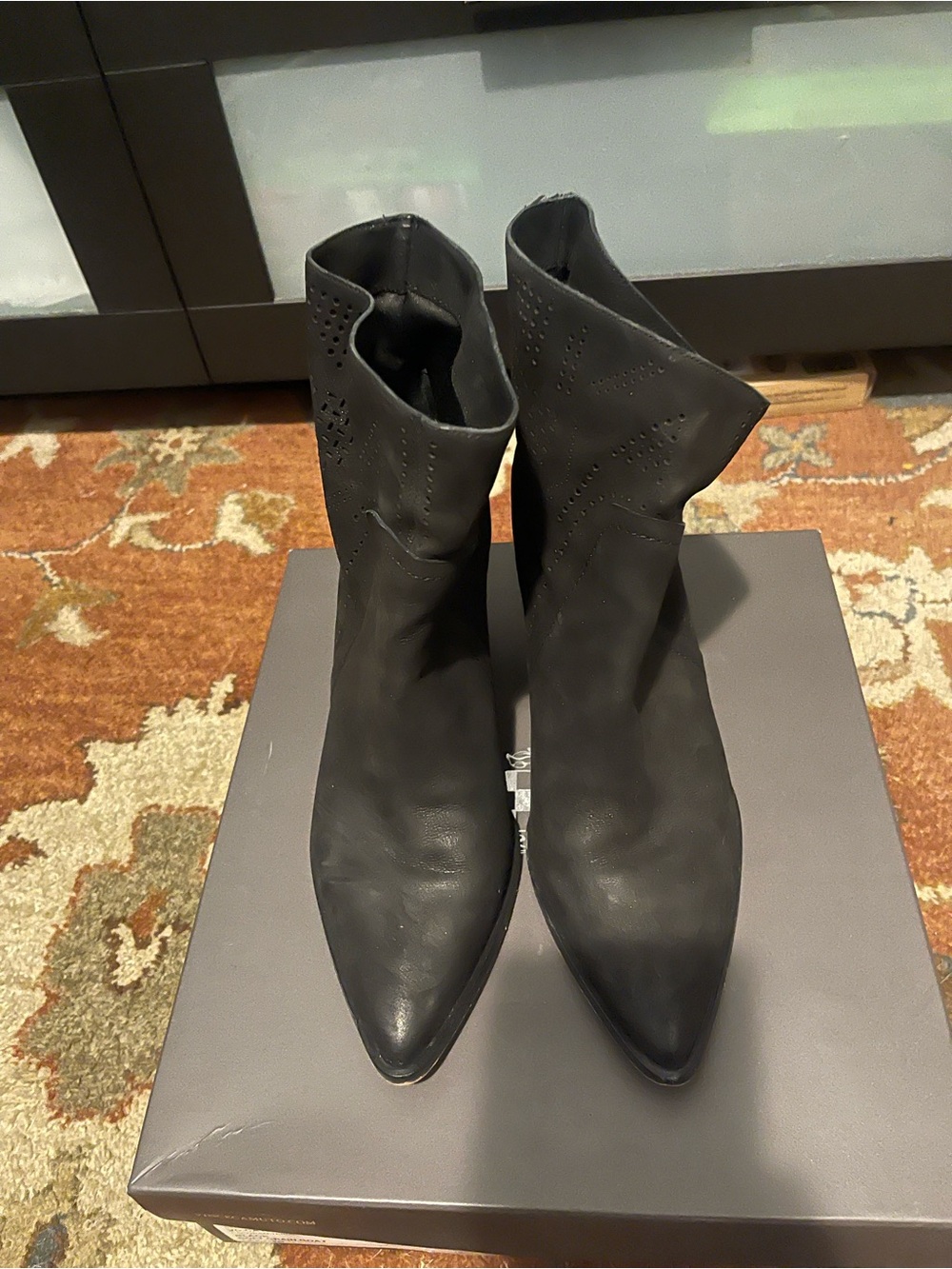 Vince Camuto Black Pointed Ankle Booties with Perforated Detail